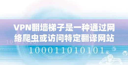 VPN翻墙梯子是一种通过网络爬虫或访问特定翻译网站来获取VPN服务的方式。使用翻墙梯子通常是在需要VPN服务的情况下,通过翻译网站或下载服务来实现的 VPN翻墙梯子是一种通过网络爬虫或访问特定翻译网站来获取VPN服务的方式。使用翻墙梯子通常是在需要VPN服务的情况下,通过翻译网站或下载服务来实现的